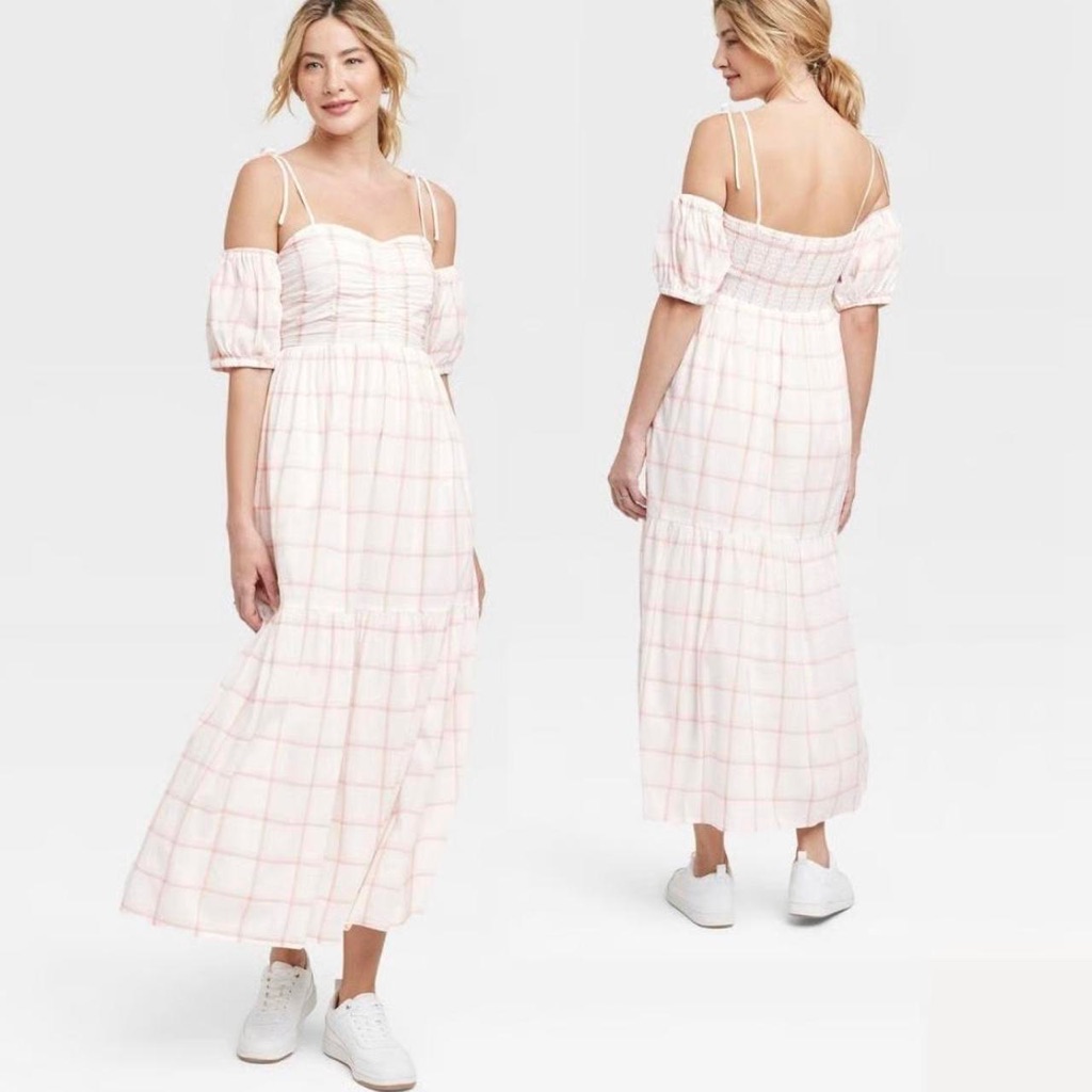 Universal Thread Pink And White Off The Shoulder Plaid Dress Shoulder Ties Sz S
